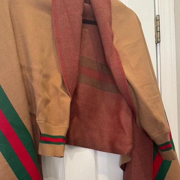 Tan and Red Striped Shawl with Fringe - Picture 3 of 6